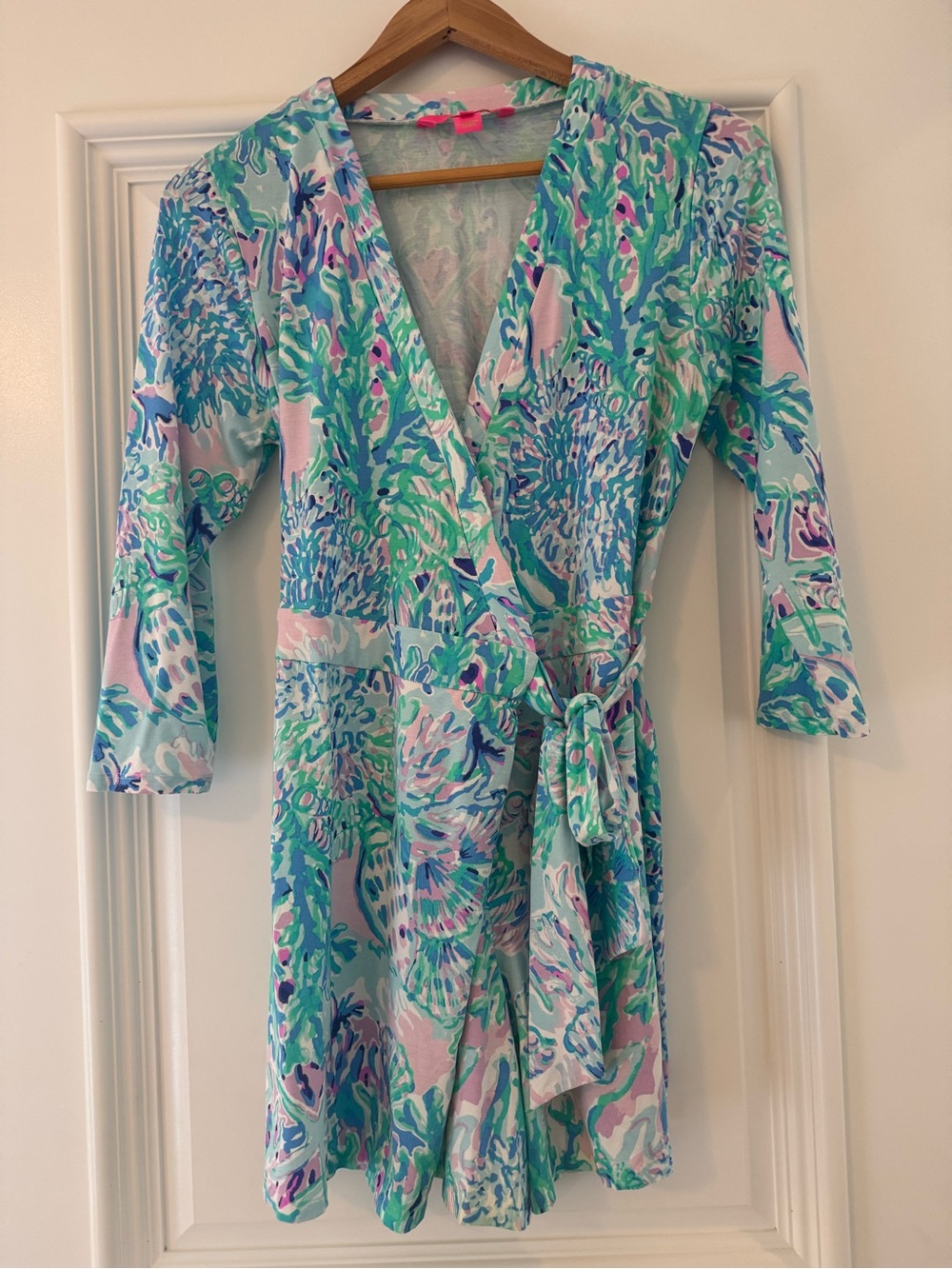 Lilly Pulitzer Mint, Pink & Blue Floral Wrap Bodysuit Romper with Tie Waist